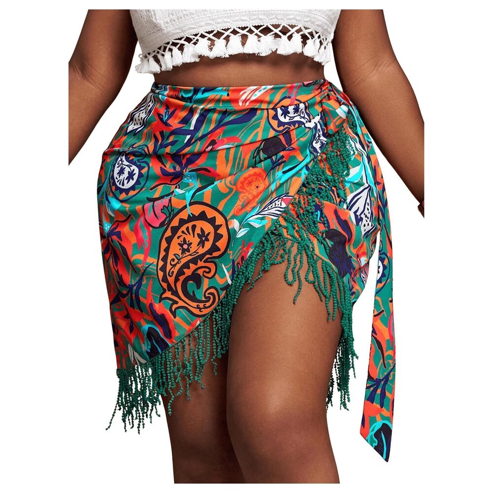 6643 Plus Size Skirt Paisley Print Fringe Wrap Tie Side Boho Mini Beach